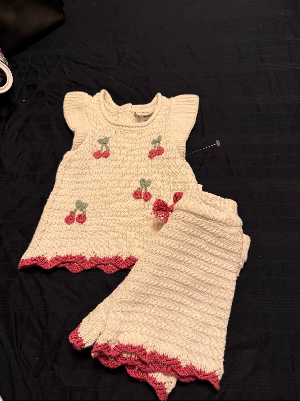 Sincerly Jules Cream Crochet Cherry Kids Matching Set with Pink Trim
